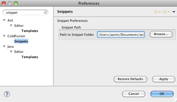 ColdFusion Builder snippet preferences