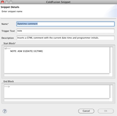 ColdFusion Builder snippets